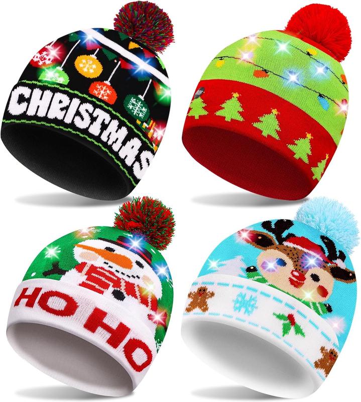 4 Pack LED Christmas Hat, Christmas Light-up Beanie Knit Hats, Colorful Flashing Cap Winter Snow Hat for Holiday Xmas Christmas Ugly Sweater New Years Party Supplies