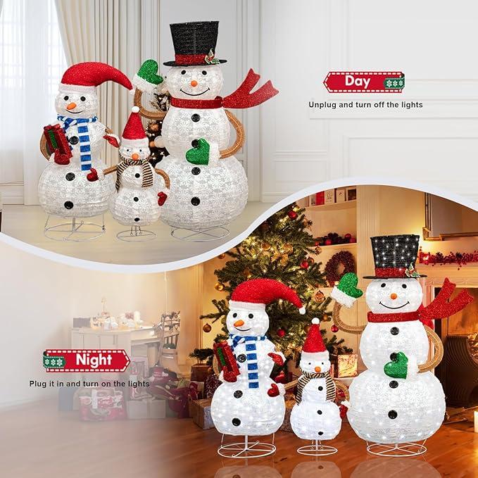 DKLGG 3 Piece Lighted Snowman Christmas Decorations, Outdoor Pop-up 2FT 3FT 4FT High Snowman w 210 Lights, Snowman Family