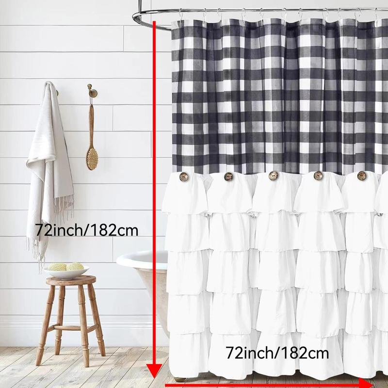 Ruffled Shower Curtain, 1 Count Plaid Pattern Bath Curtain with Button Accent, Lightweight Quick-dry Polyester Curtain for Bathroom Decor