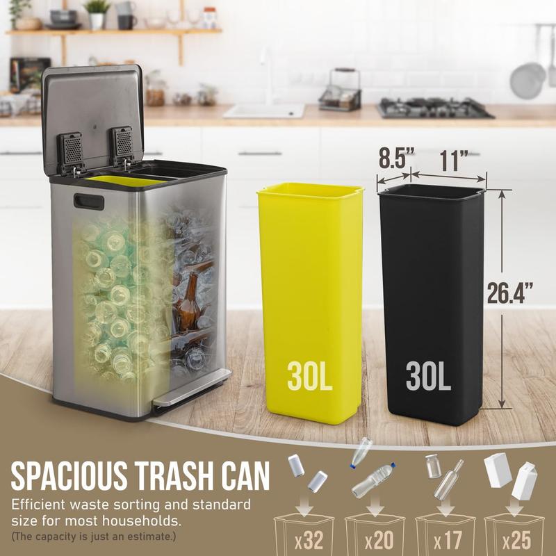 Dual Trash Can with Lid, Trash and Recycling Bins Combo for Kitchen, Hands-Free Stainless-Steel Garbage Can with 2 Compartment, Hinged Lid, Odor Filter, Handles, 30L+30L, 2 x 8 Gallon