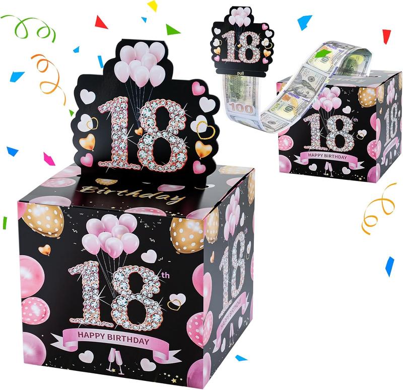 18th Birthday Gifts for Girls,  Birthday Gifts for 18 Year Old Girl Boy, Pink 18th Birthday Decorations for Girls, Birthday Money Gifts Box for  Pull, Cool Birthday Gift Idea