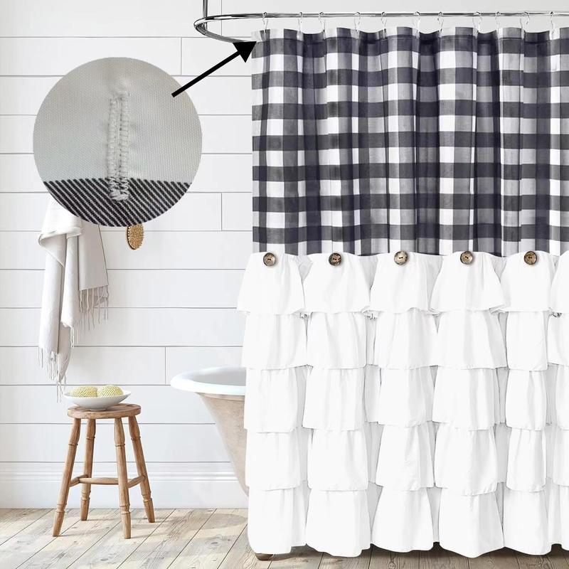 Ruffled Shower Curtain, 1 Count Plaid Pattern Bath Curtain with Button Accent, Lightweight Quick-dry Polyester Curtain for Bathroom Decor