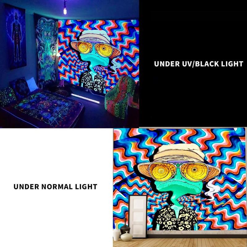 Blacklight Frog Tapestry, Hippie Alien Tapestry Glow In The Dark, UV Reactive Black Light Upright Posters Wall Hanging for Bedroom Dorm