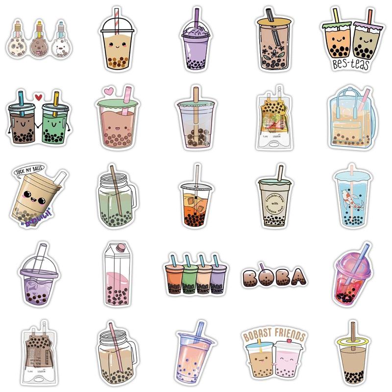 Bubble Tea Pattern Flat Sticker, 50pcs Waterproof Decorative Boba Milk Tea Design Girl's Gift Stickers For DIY Water Bottle, Laptop, Phone, Luggage, Skateboard