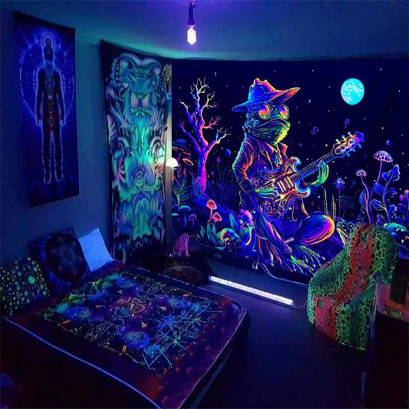 Frog Musician Pattern Tapestry, 1 Count Fluorescent Frog Hanging Tapestry, UV Light Responsive Tapestry, Wall Hanging Decor for Home Bedroom Living Room