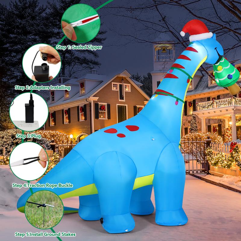 Christmas Dinosaur Eat Christmas Tree 10FT Inflatables Outdoor Decorations with LEDs