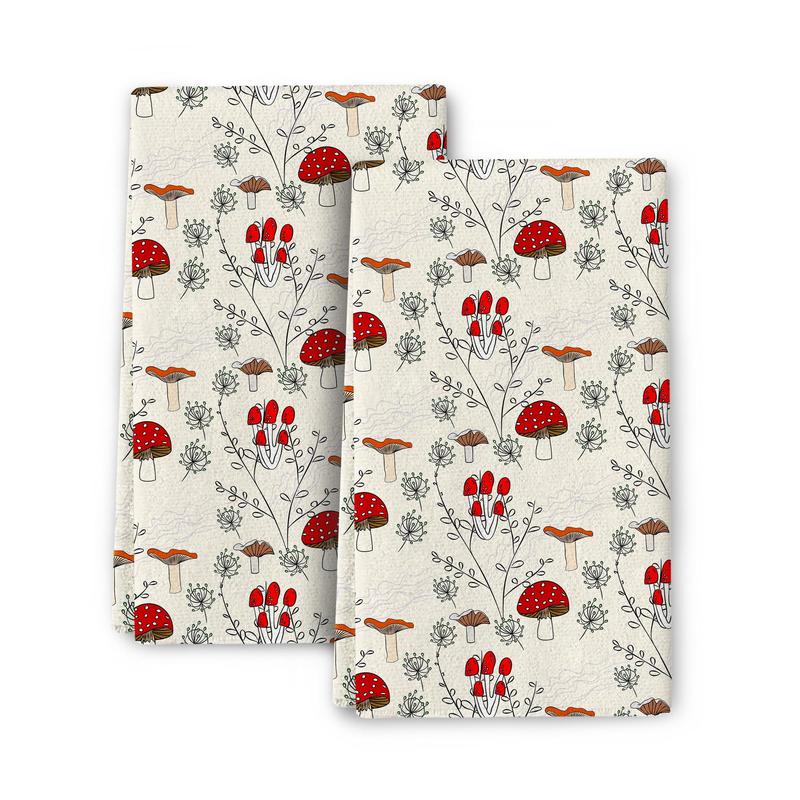 Mushrooms Print Kitchen Towel Set, 2 Counts Soft Absorbent Hand Towel, Dish Cleaning Cloth, Multi-purpose Kitchen Towel, Tea Towel, Dish Towels, Kitchen Accessories, Summer Sets