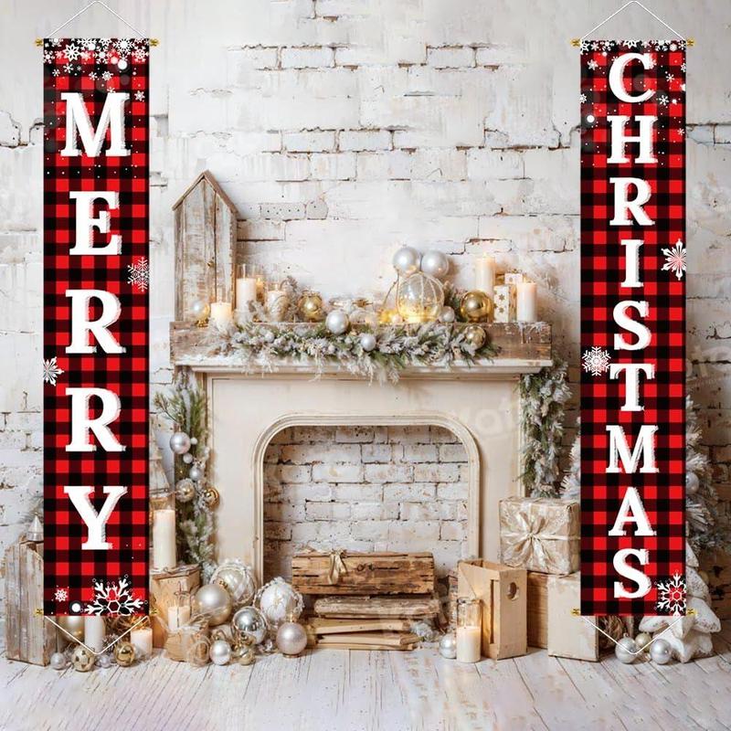 Merry Christmas Door Banner, 1 Pair Christmas Themed Plaid Door Banner, Outdoor Hanging Decoration for Home Garden Yard Garage