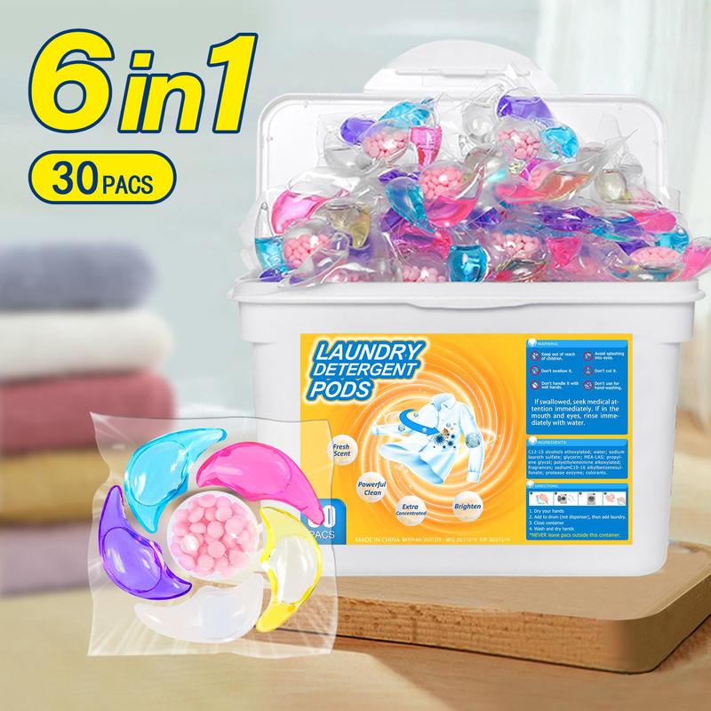 6-in-1 Laundry Fragrance Beads, 30pcs box Soft & Long Lasting Fragrance Cleaner for Clothes, Household Cleaning Supplies for Washing Machine