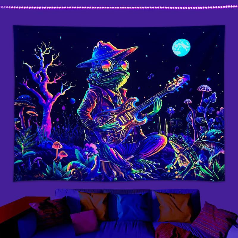 Frog Musician Pattern Tapestry, 1 Count Fluorescent Frog Hanging Tapestry, UV Light Responsive Tapestry, Wall Hanging Decor for Home Bedroom Living Room