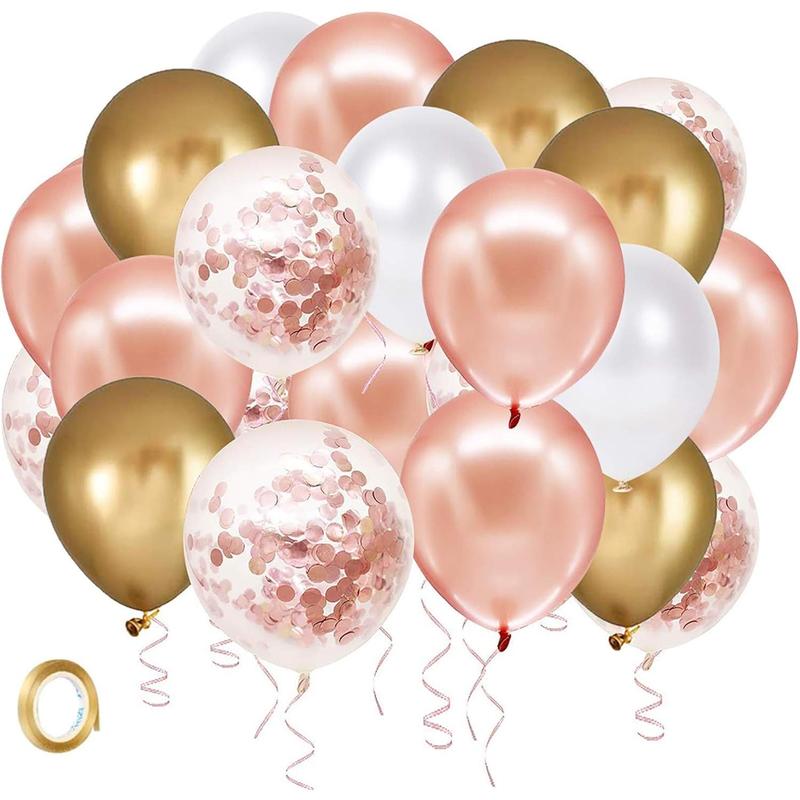 Rose Gold Confetti Latex Balloons, 60 Pack White Gold Balloon 12 inch Birthday Balloons with Gold Ribbon for Party Wedding Bridal Shower Decorations