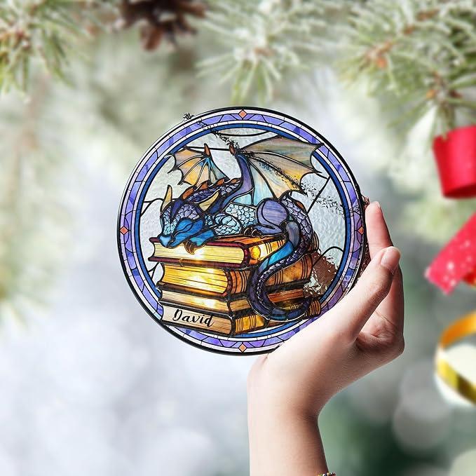 Custom Book Dragon Suncatcher Ornament, Fantasy Dragon Stained Glass Window Hanging, Hanging Art Decoration, Bookish Home Decoration Hangable