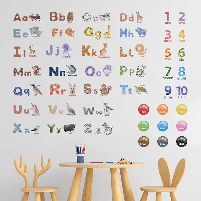 Alphabet & Animal Pattern Wall Decal, ABC Letter & Number Print Wall Sticker For Classroom, Nursery, Kids Bedroom