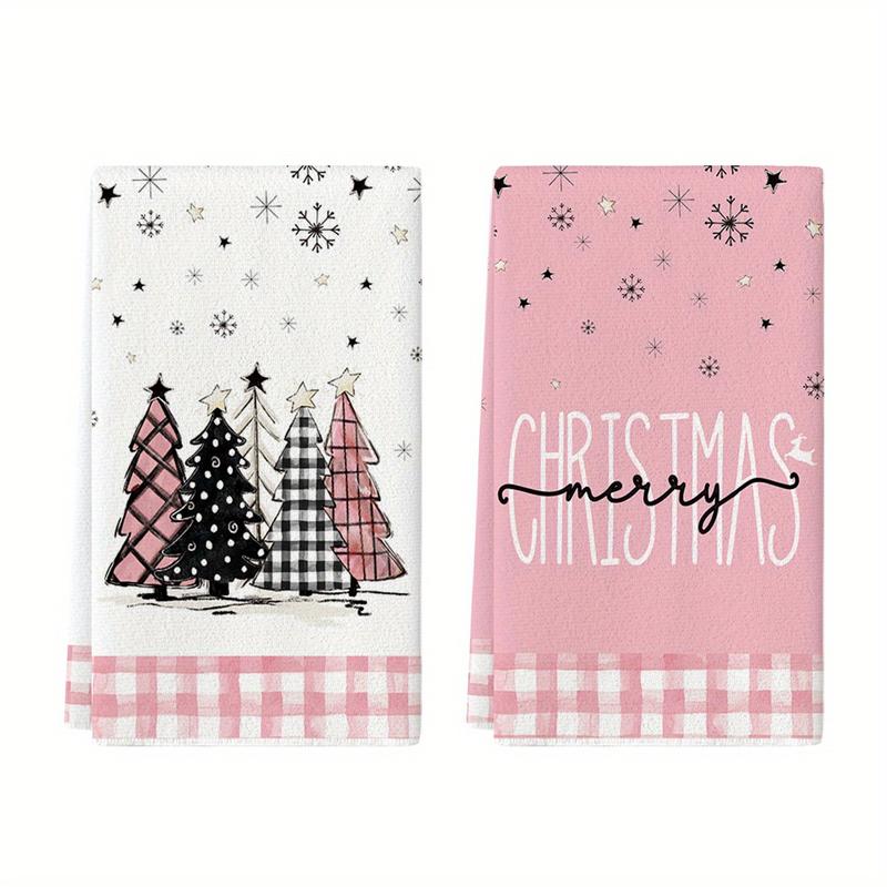 Buffalo Plaid Xmas Tree Merry Christmas Kitchen Towels Dish Towels, 18x26 Inch Snowflakes Winter Room Funky Home Decoration Hand Towels Set of 2