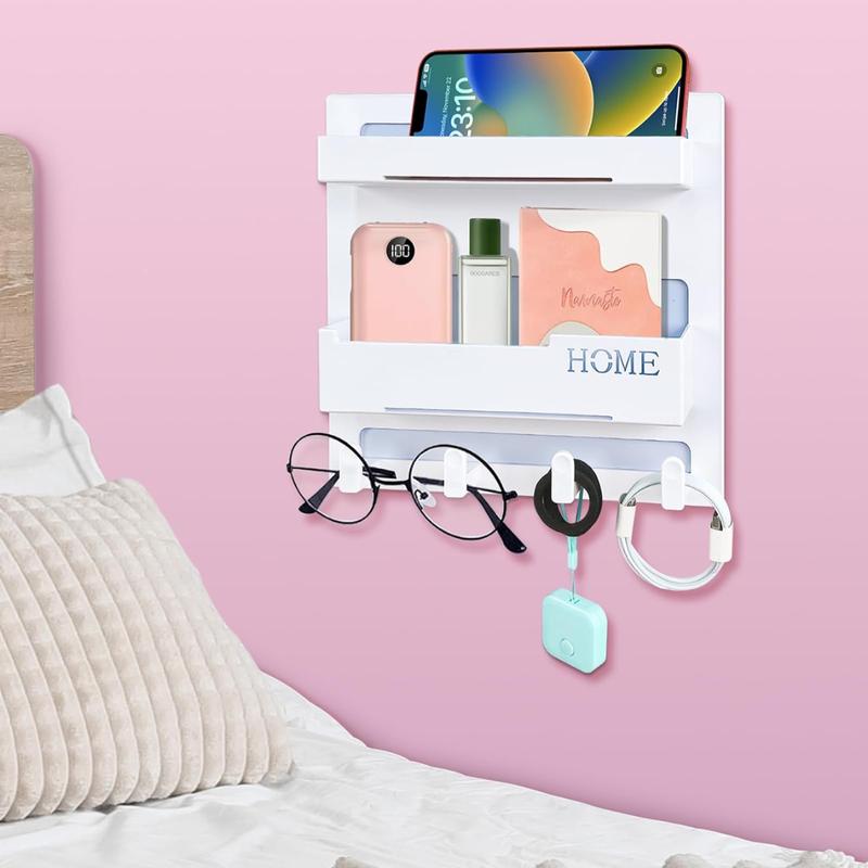 Floating Shelves for Bedside Shelf Accessories Organizer, Wall Mount Self Stick On, Cute Room Decor Aesthetic, Girls Room Decor, Cool Stuff for Bedroom Storage and Organization (4 Hooks)