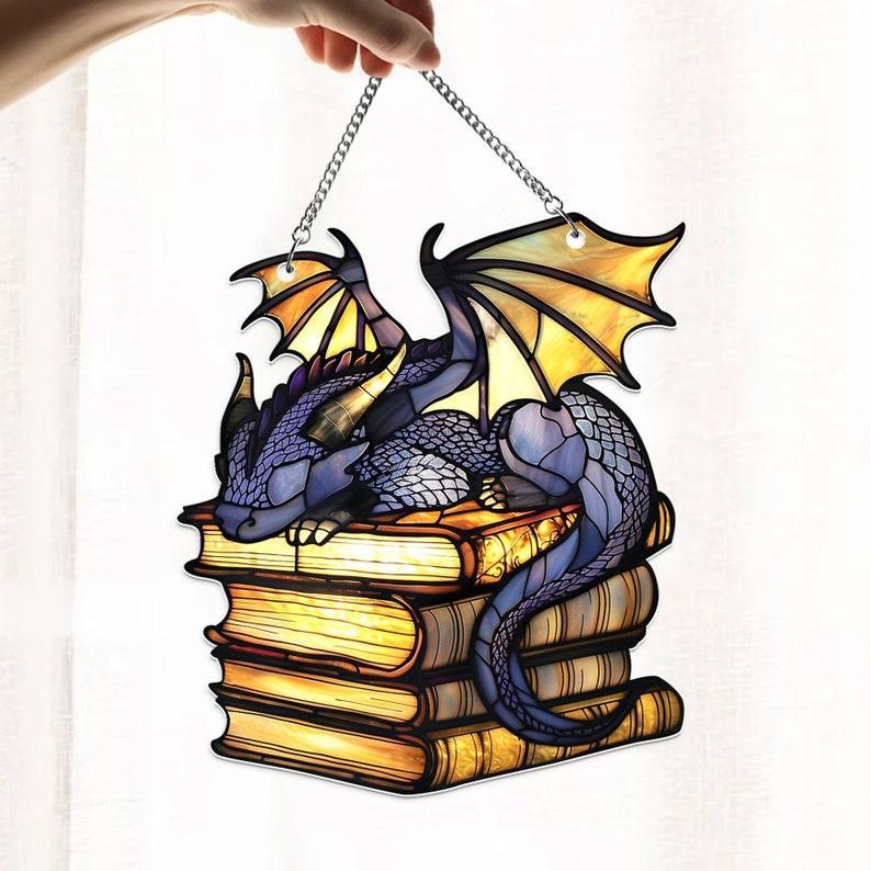 Book Dragon Suncatcher Ornament, Fantasy Dragon Acrylic Window Hanging, Dragon Wall Window Hanging Art Decoration, Bookish Home Decor