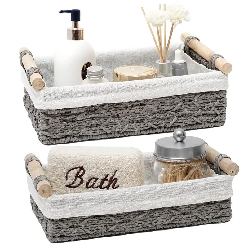 Multi-purpose Storage Basket, 2pcs set Straw Storage Basket with Wooden Handle, Household Storage Organizer for Bathroom, Kitchen, Living Room, Bedroom