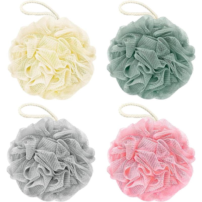 Bath Loofah Sponge, 60G Shower Loofah Exfoliating Body Scrubber Sponge, 4 Count Bath Mesh Pouf Ball for Women and Men (Light Color)