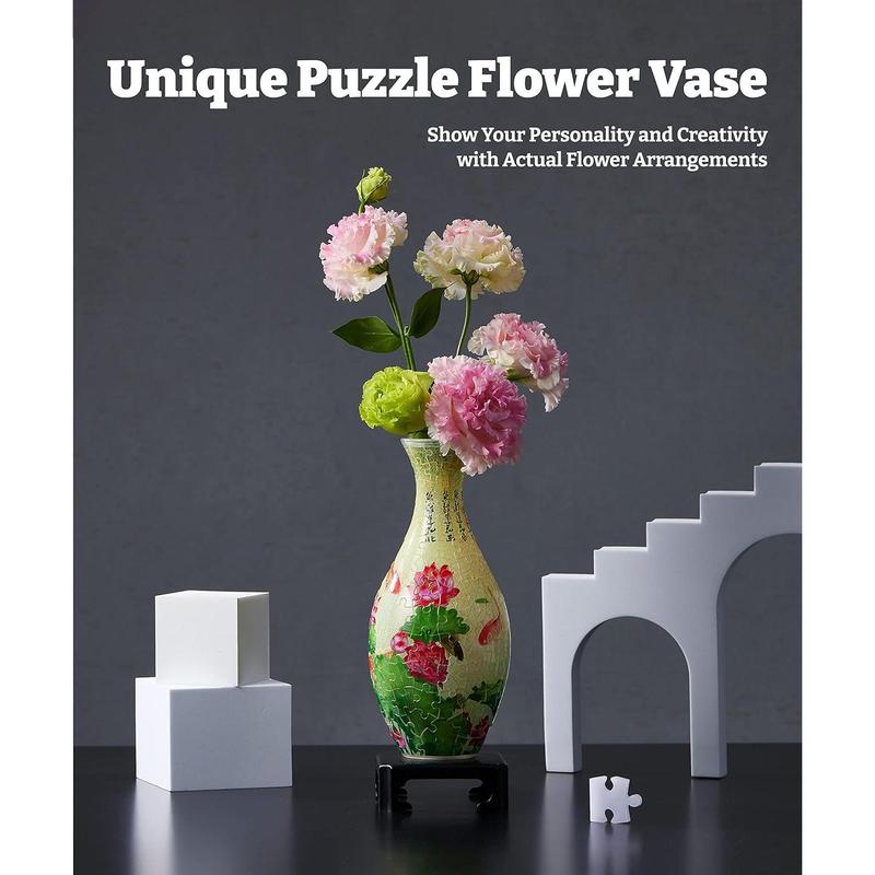 Pintoo 3D Puzzle Vase Unique Flower Vase Made by 160 Curved Plastic Puzzle Pieces House Warming Gift for Flower Arrangements and Home Decoration - [S1024] (Translucent, Carp with Lotus)