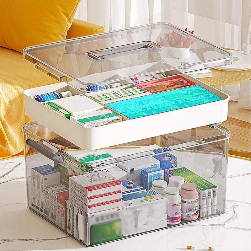 Medicine Storage Box with Handle, 1 Count Large Capacity Plastic Pill Box, Household Portable Medical Storage Box for Home Office Dormitory Travel Camping