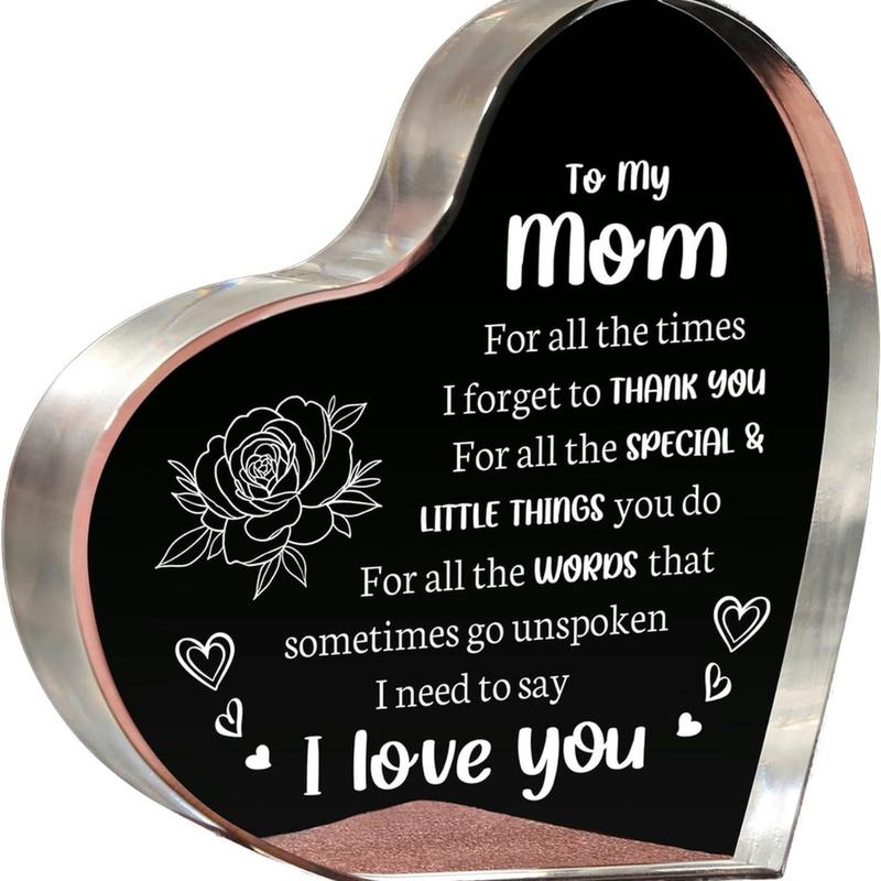 Heart Shaped Acrylic Block, Flower & Letter Pattern Decorative Ornament, Room Decor Inspirational Creative Gift for Mom