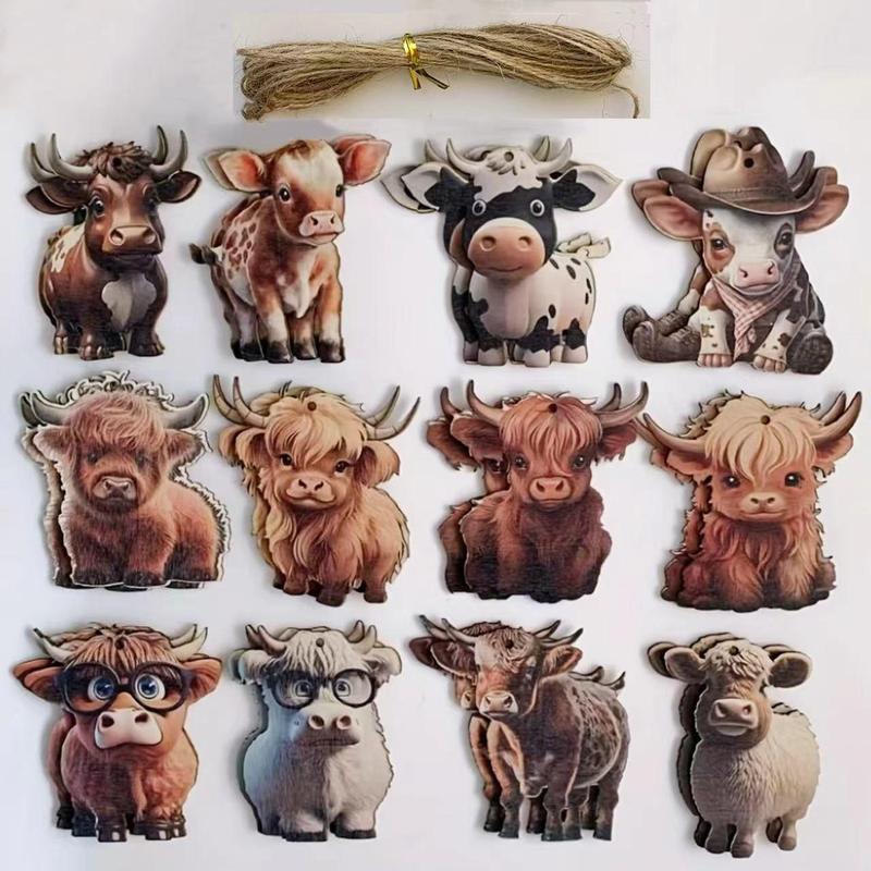 Cow Pattern Wooden Hanging Ornament, 24pcs set Cute Cartoon Cow Hanging Decoration, Holiday Embellishments for Home & Car & Christmas Tree