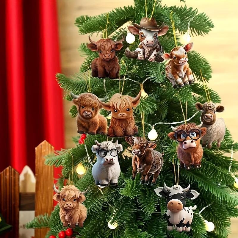 Cow Pattern Wooden Hanging Ornament, 24pcs set Cute Cartoon Cow Hanging Decoration, Holiday Embellishments for Home & Car & Christmas Tree