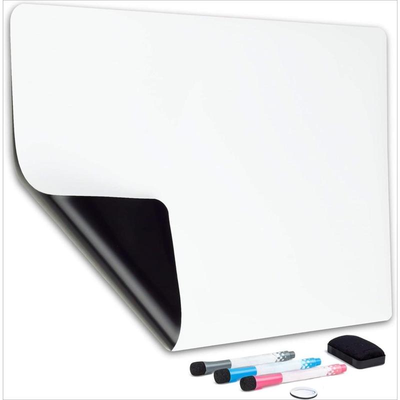 Magnetic dry-erase whiteboard, for refrigerator 19x13 inches, with stain-resistant technology, including 3 fine tip markers and large eraser with magnet, refrigerator whiteboard planner