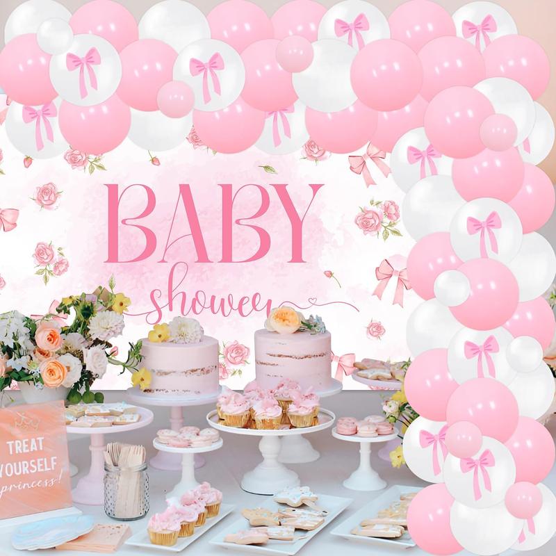 77Pcs Pink Bow Baby Shower Party Decorations Bow Garland Arch Kit Pink Flowers Photography Backdrop Banner Pink Bow Foil Balloon for Baby Girls Party Decorations Baby Shower Party Supplies