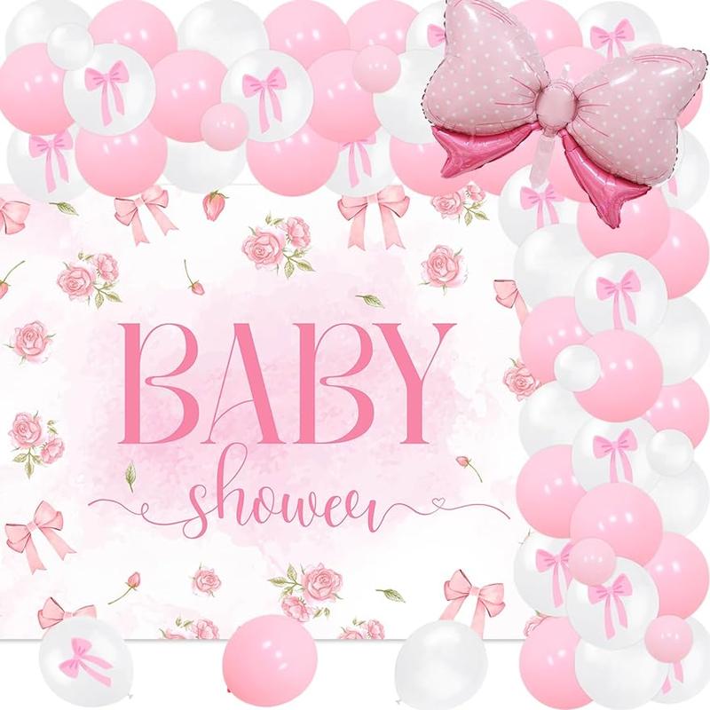 77Pcs Pink Bow Baby Shower Party Decorations Bow Garland Arch Kit Pink Flowers Photography Backdrop Banner Pink Bow Foil Balloon for Baby Girls Party Decorations Baby Shower Party Supplies