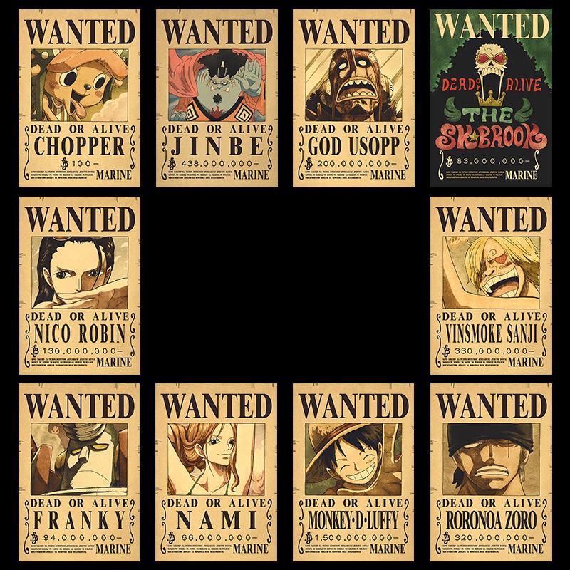 17pcs Anime Wanted Posters  Bounty Anime Luffy Gear 5 4 emperadores Law Kid Figures Vintage Living Room Wall Decoration Stickers