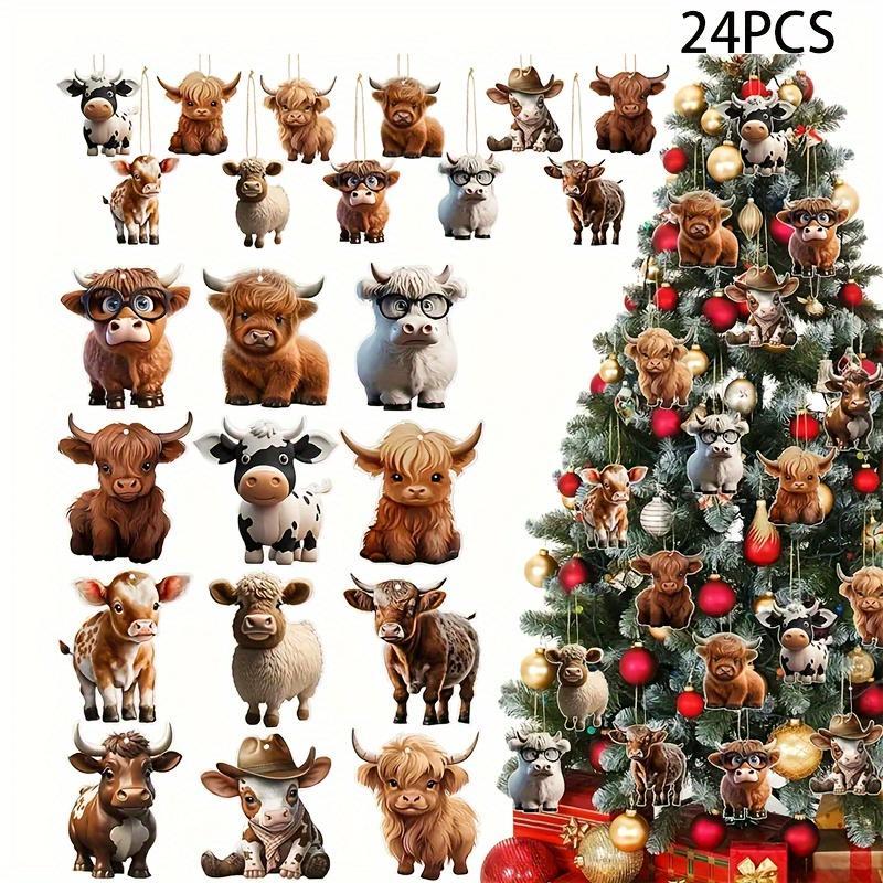 Cow Pattern Wooden Hanging Ornament, 24pcs set Cute Cartoon Cow Hanging Decoration, Holiday Embellishments for Home & Car & Christmas Tree