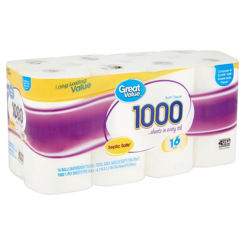 Great Value 1000 Bath Tissue Rolls, 16 Rolls - 1-Ply, 16000 Sheets, Ideal for Shared Housing, Families, and Office Spaces - Toilet, Cleaning