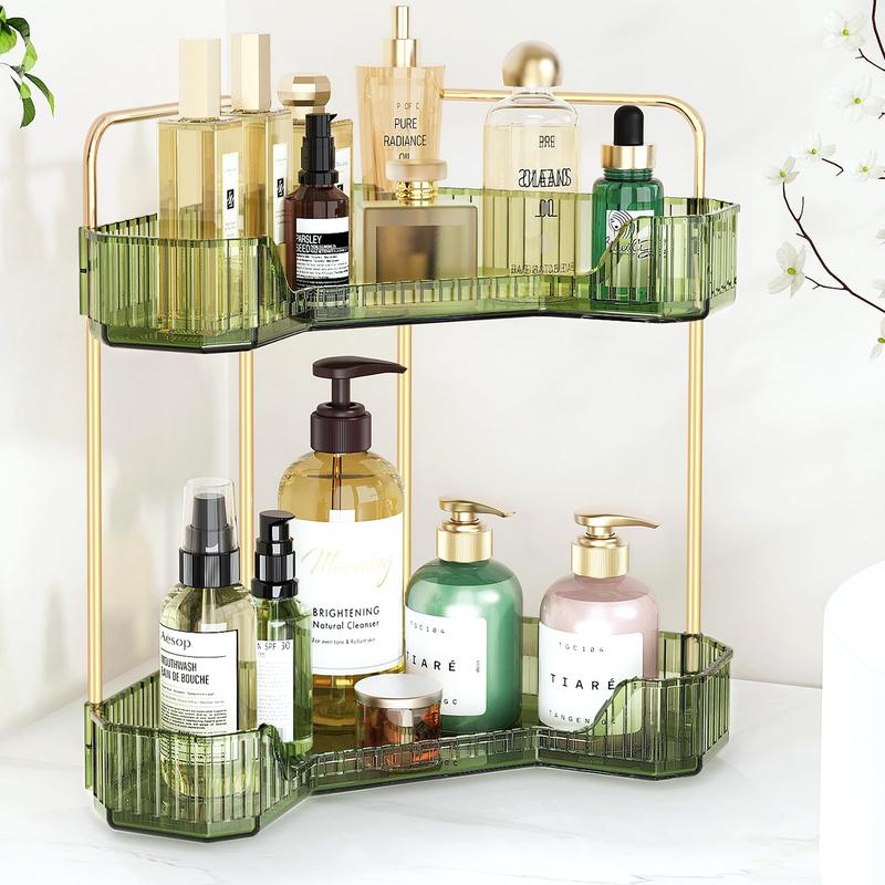 2-Tier Corner Bathroom Counter Organizer, Countertop Perfume Tray and Vanity Organizer,Corner Makeup Storage, Organizer Countertop for Dresser，Spice Rack for Kitchen (Crystal Green)