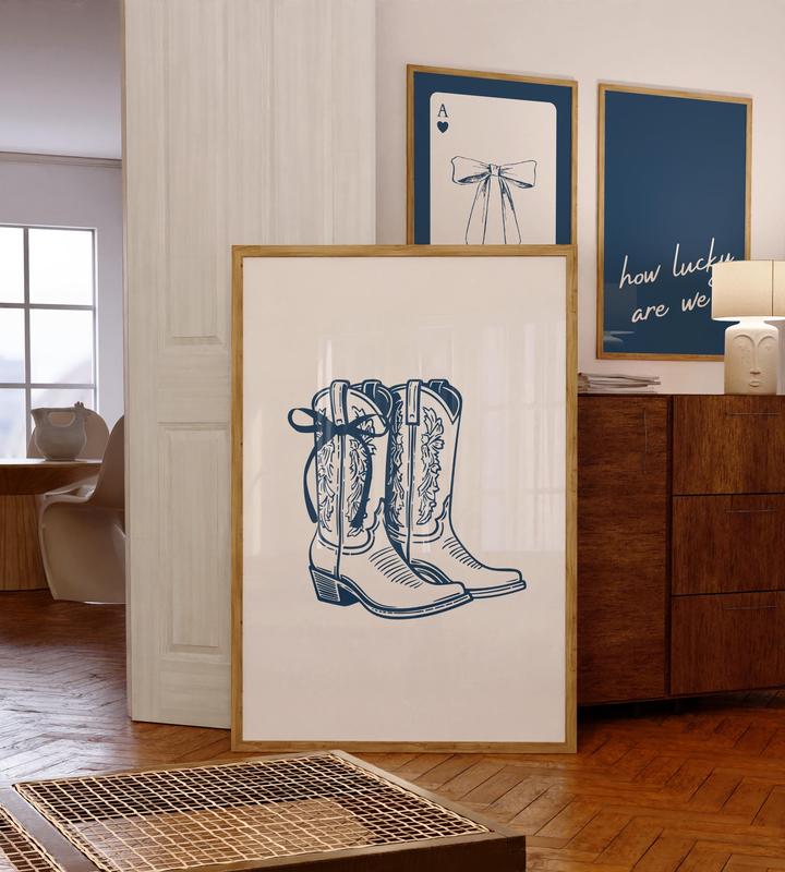 Navy How Lucky Are We, Coastal Cowgirl Print, Girly Western Wall Art, Coquette Decor, Cute Apartment Aesthetic, Trendy Wall Art, Wall Art Picture Painting Modern Home Living Room Decoration Without Frame