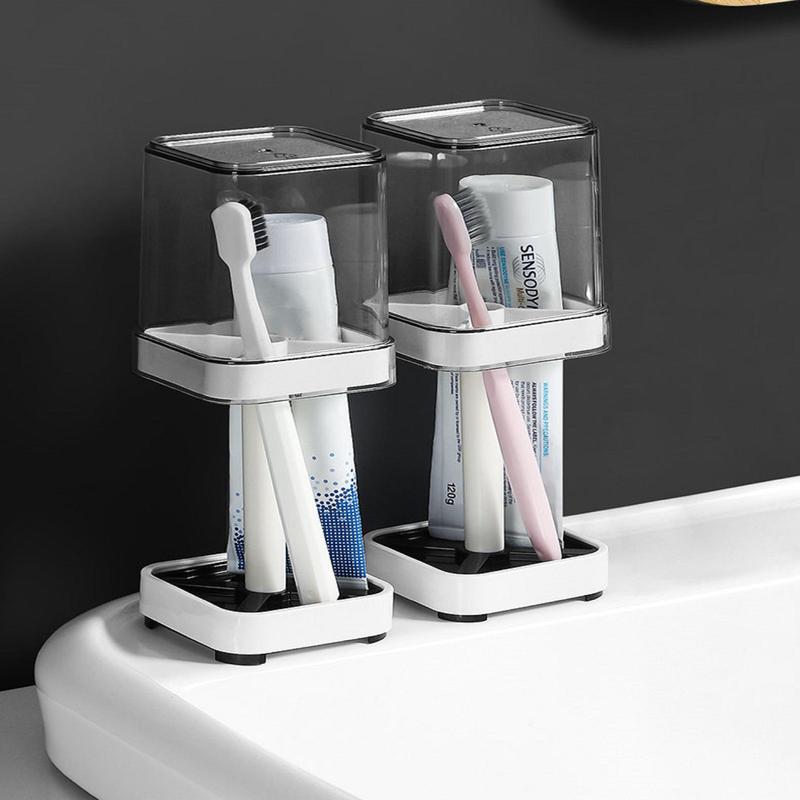 Toothbrush Holder with Cup & Lid, 1 Count 3 Grid Toothbrush & Toothpaste Storage Rack, Bathroom Toothbrush Organizer for Electric Toothbrush, Toothpaste