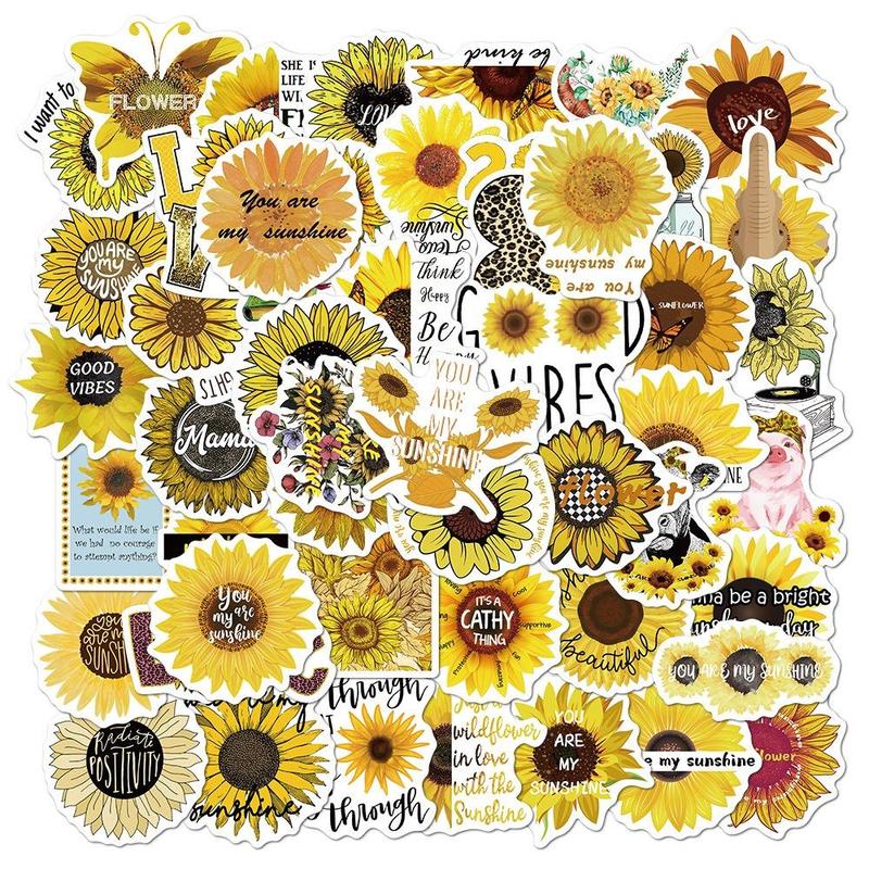 50pcs Sunflower Series Pattern Stickers, Waterproof Decorative Stickers, DIY Decals For Water Bottle, Laptop, Phone Case, Scrapbooking, Journal Making