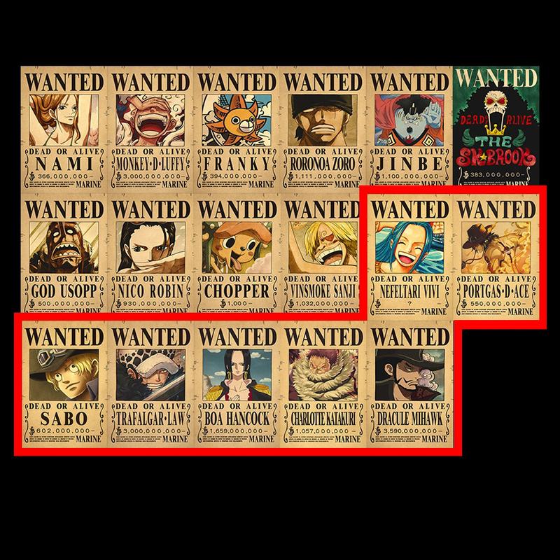 17pcs Anime Wanted Posters  Bounty Anime Luffy Gear 5 4 emperadores Law Kid Figures Vintage Living Room Wall Decoration Stickers