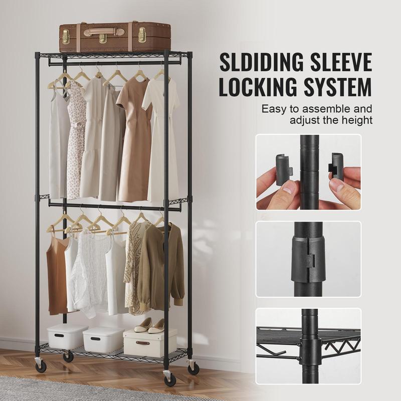 VEVOR Heavy Duty Clothes Rack, Double Hanging Rods Clothing Garment Rack with Bottom and Top Storage Tier, Rolling Clothing Rack for Hanging Clothes, 1'' Diameter Thicken Steel Tube Hold Up to 300Lbs Accessories Laundry