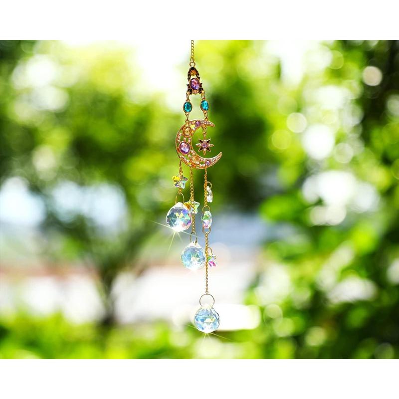 Handmade Crystal Moon&Star Prisms Suncatchers, Glass Window Hanging Ornament, Rainbow Rhinestones Decor for Home Garden