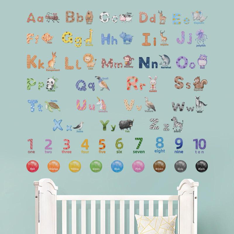 Alphabet & Animal Pattern Wall Decal, ABC Letter & Number Print Wall Sticker For Classroom, Nursery, Kids Bedroom