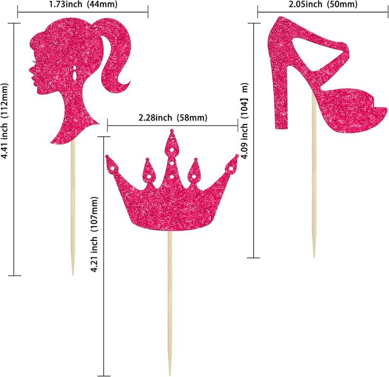 24count Hot Pink Glitter Princess Cupcake Toppers Doll Head High Heel Cupcake Topper Girl Birthday Theme Cupcake Picks for  Shower Girls Birthday Party Supplies Rose Red