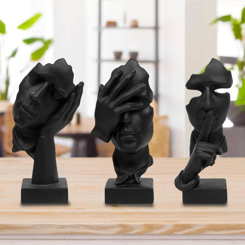 3 Pcs Thinker Statue, Silence is Gold Abstract Art Figurine, No Hear No See No Speak Modern Home Resin Sculptures Decorative Objects Modern Decor for Creative Room Home, Office Study (Black)