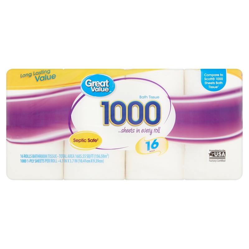 Great Value 1000 Bath Tissue Rolls, 16 Rolls - 1-Ply, 16000 Sheets, Ideal for Shared Housing, Families, and Office Spaces - Toilet, Cleaning