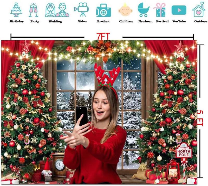 7x5ft Christmas Backdrop Xmas Window Photography Backdrop Winter Dream Wonderland Snow Tree Red Curtain Christmas Festival Party Banner Backdrop