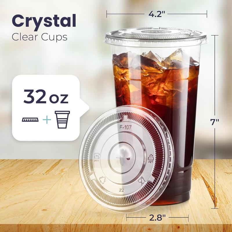 50 Pack 32 oz Clear Plastic Cups with Flat Lids, Disposable Iced Coffee Cups,  Premium Crystal Smoothie Cup for Party, Lemonade Stand, Cold Drinks, Juice, Milkshake