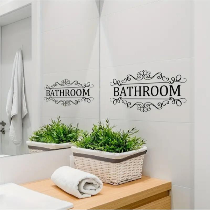 Bathroom Letter Pattern Wall Sticker, Self Adhesive Removable Wall Decal, Decorative Sticker for Home Living Room Bathroom Room Decor