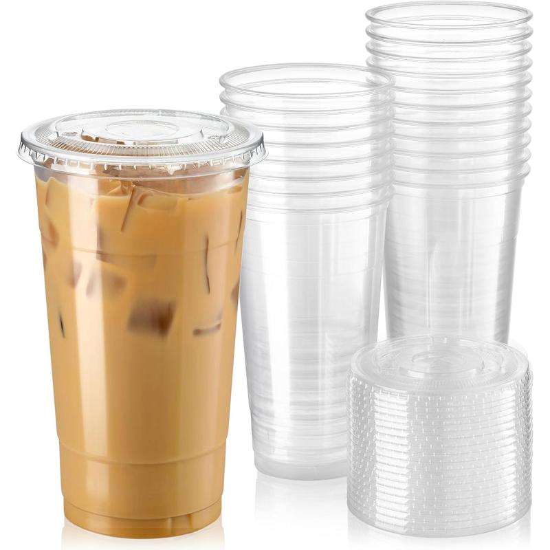 50 Pack 32 oz Clear Plastic Cups with Flat Lids, Disposable Iced Coffee Cups,  Premium Crystal Smoothie Cup for Party, Lemonade Stand, Cold Drinks, Juice, Milkshake