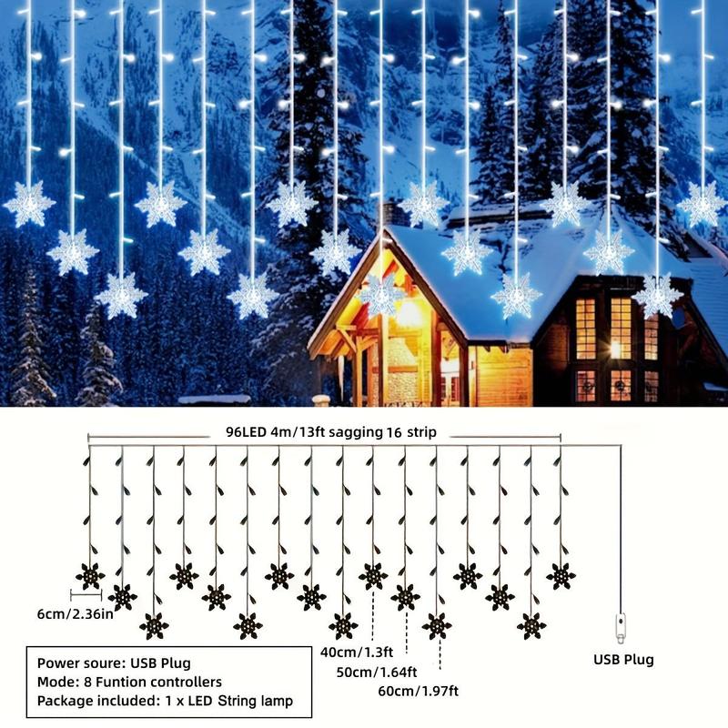 Snowflake Design Curtain Light, USB Powered 8-modes Snowflake Fairy Icicle Light, Decorative Light for Wedding Party Birthday Home Garden