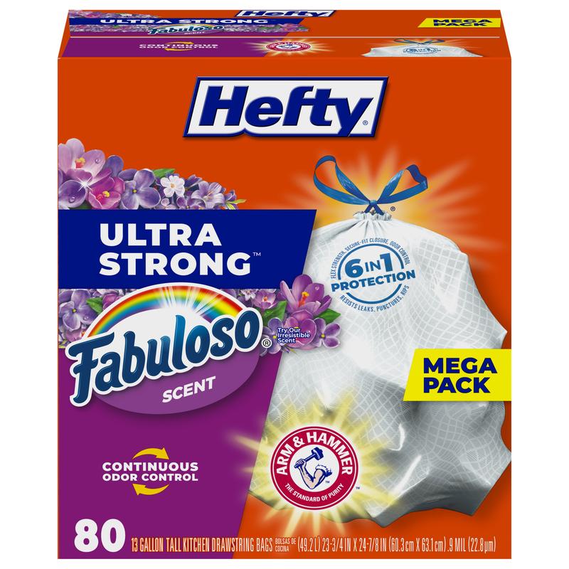 Hefty Ultra Strong 13 gallon Trash Bags, Tall Kitchen Trash Bags, White, Fabuloso Scent, 80 Bags